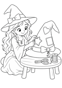 Desenho de Desenho De Bruxa Costurando O Chapéu De Estrelas Para Colorir E Imprimir