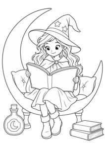 Desenho de Desenho De Bruxa Lendo Um Livro Sentada Na Lua Para Colorir E Imprimir