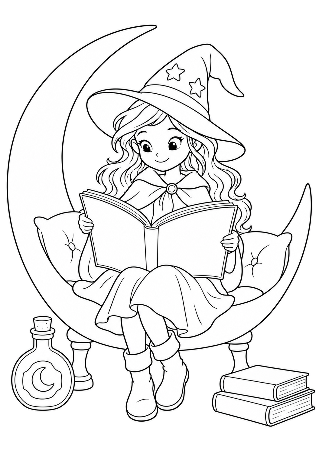 Desenho de Desenho De Bruxa Lendo Um Livro Sentada Na Lua Para Colorir E Imprimir