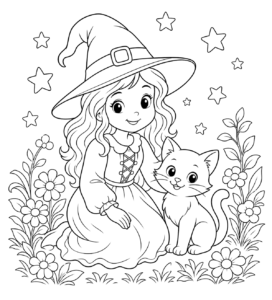 Desenho de Desenho De Bruxa Sentada No Jardim Com O Gatinho Para Colorir E Imprimir